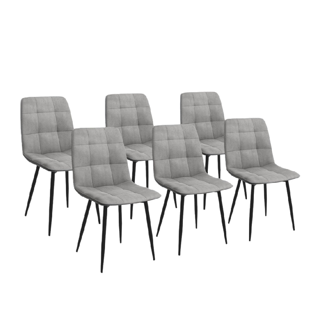 Juego de 6 sillas de comedor tapizadas en tela, respaldo acolchado, patas metálicas negras