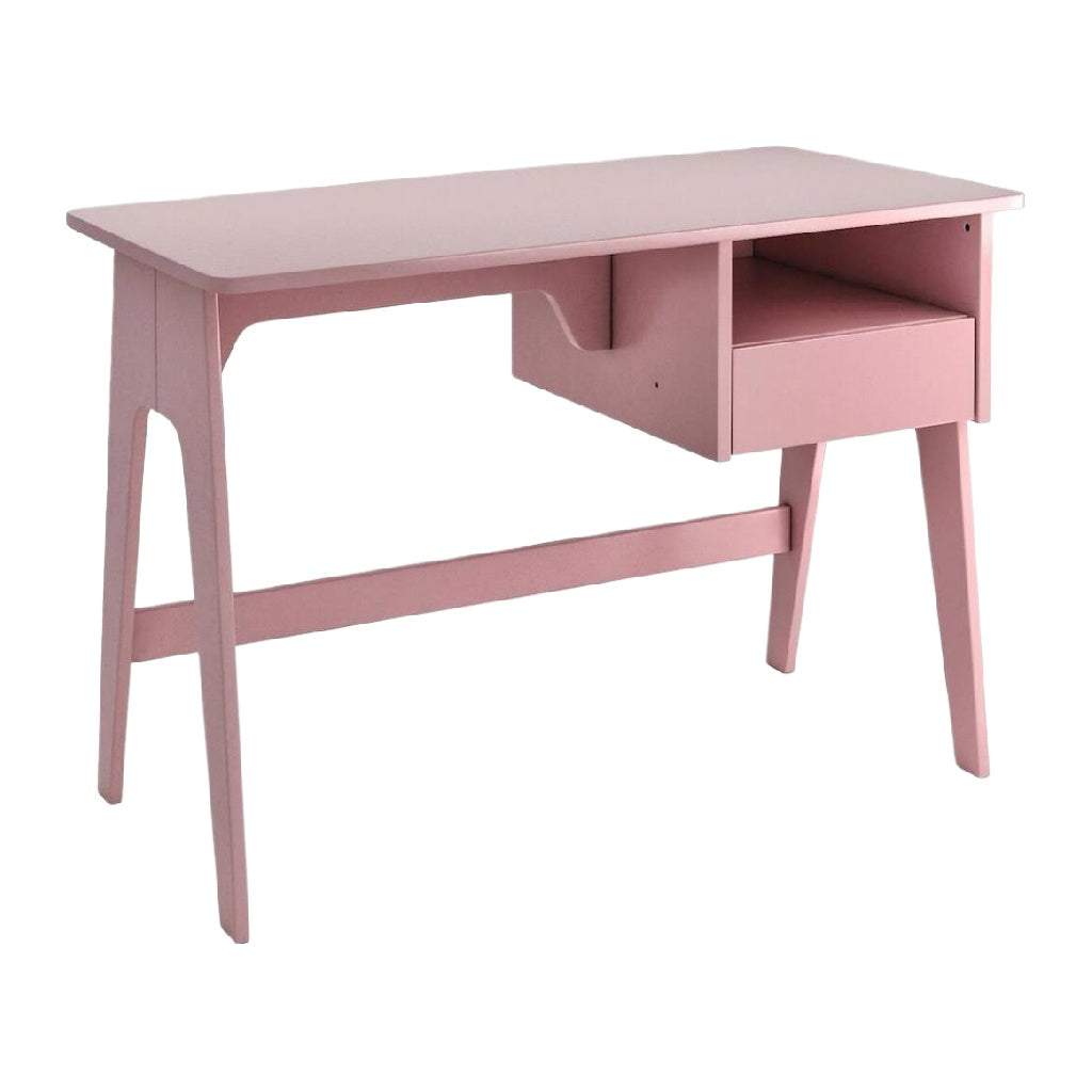 Escritorio de oficina rosa con cajón y estante, estilo moderno nórdico