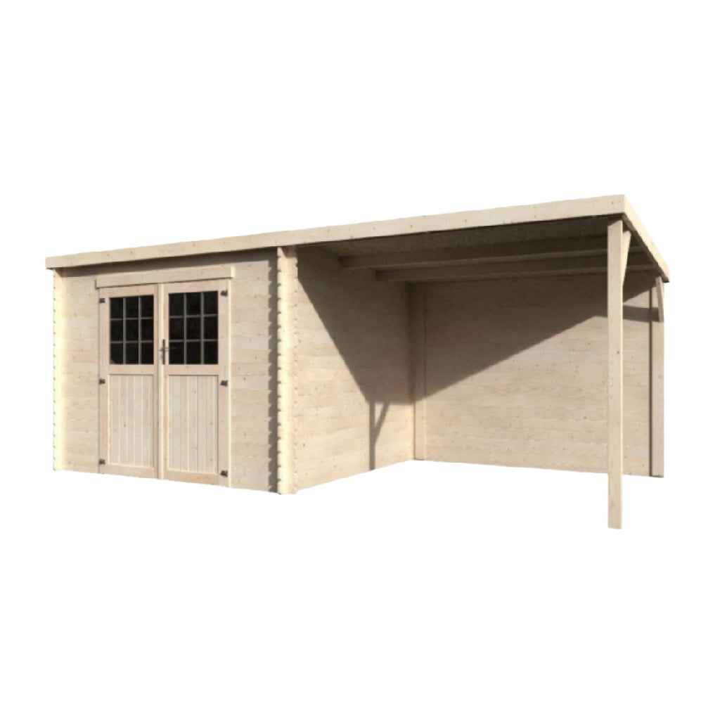 Caseta de jardín de madera con porche lateral y doble puerta acristalada