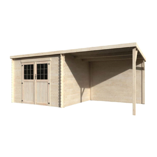 Caseta de jardín de madera con porche lateral y doble puerta acristalada