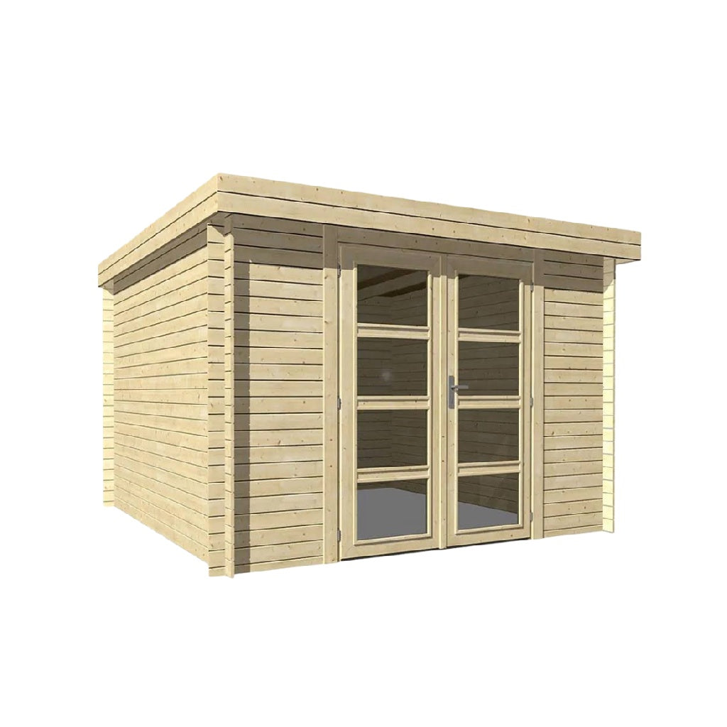 Caseta de jardín de madera con techo plano y puertas dobles acristaladas