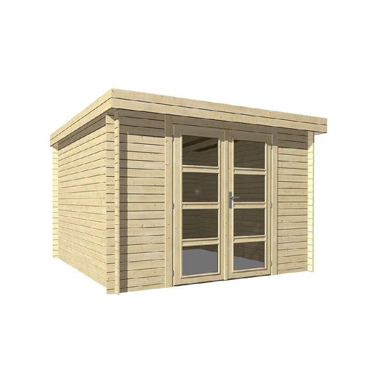 Caseta de jardín de madera con techo plano y puertas dobles acristaladas